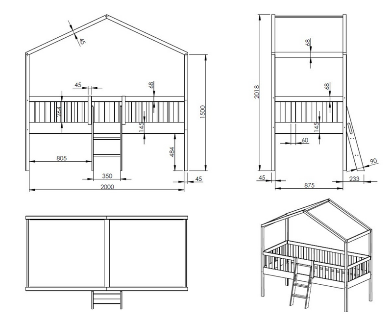 Dally House Bed with Ladder 90x200cm - White