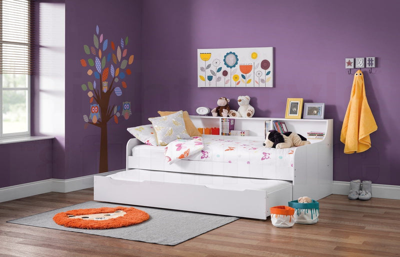 Ares Pure White Daybed Kids Bed with Handy Shelves