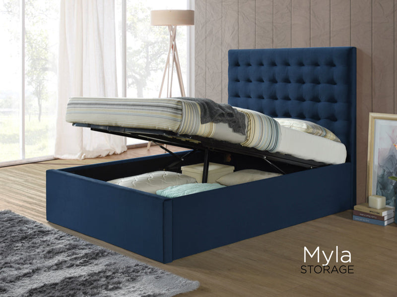 Maya 5ft Blue Velvet Ottoman Bed